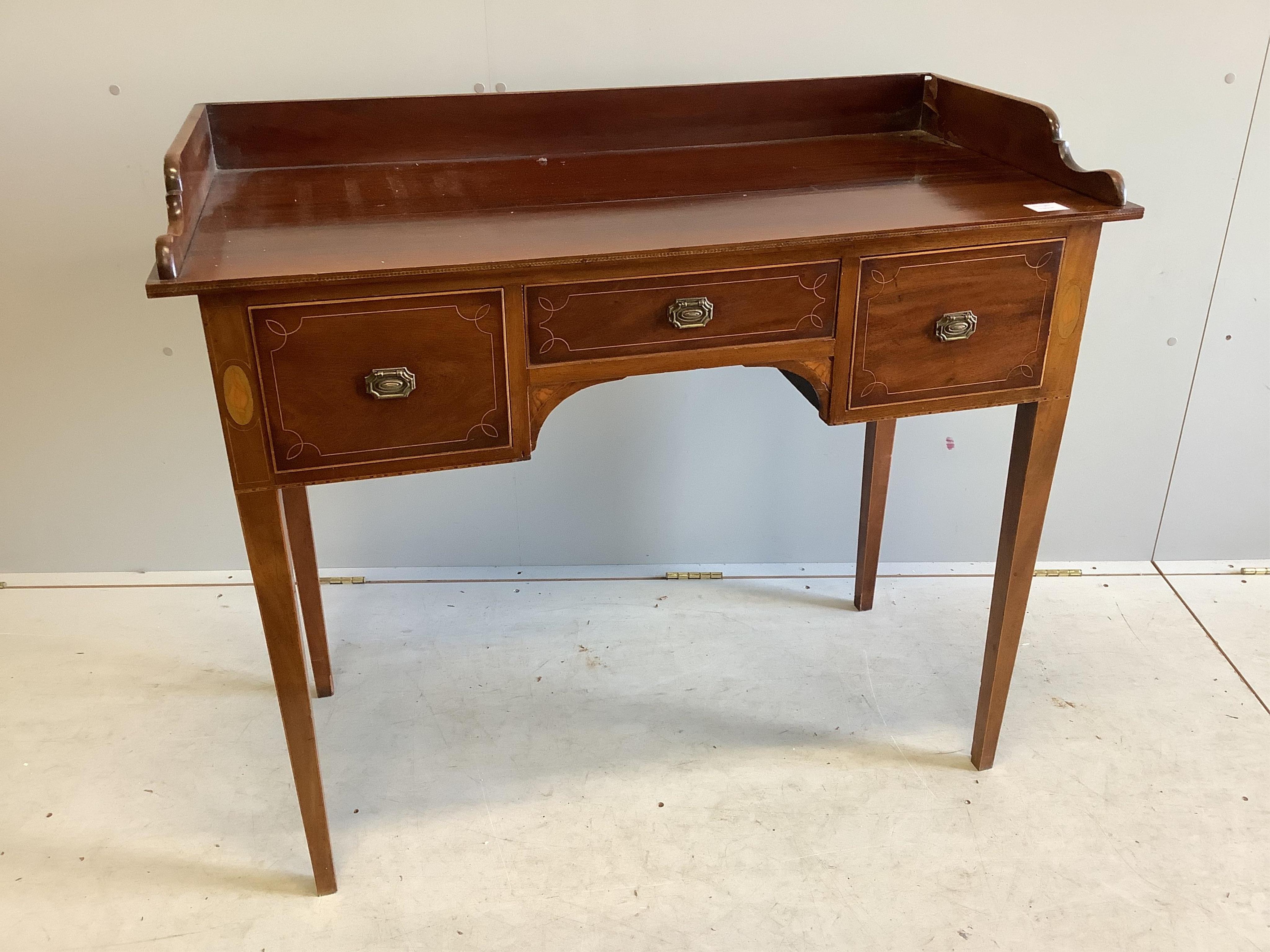 A Sheraton revival inlaid mahogany washstand, width 108cm, depth 50cm, height 92cm. Condition - poor